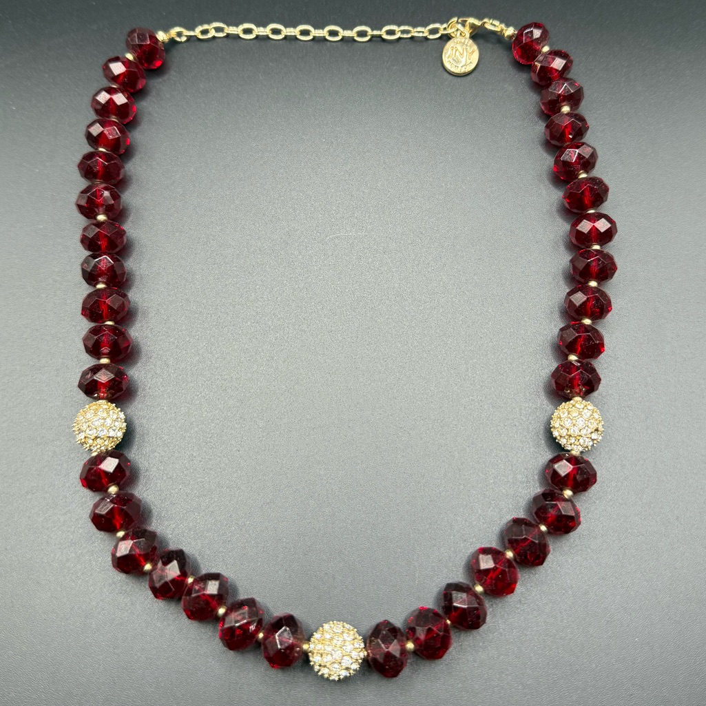Jones New York Necklace Red Faceted Beads And Gold Tone Rhinestones 18$
